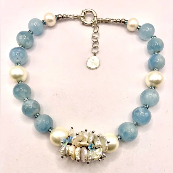Gorgeous Aquamarine Beaded Necklace Fresh Water Pearls Crystal Spacers 925 - Picture 8 of 11